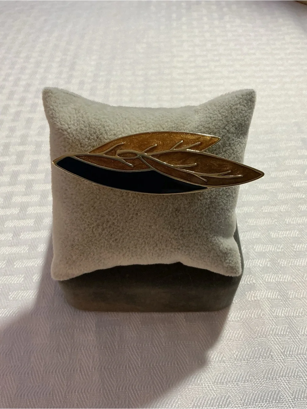 Trifari Signed Vintage Amber and Black Enamel Leaf Gold Tone Brooch
